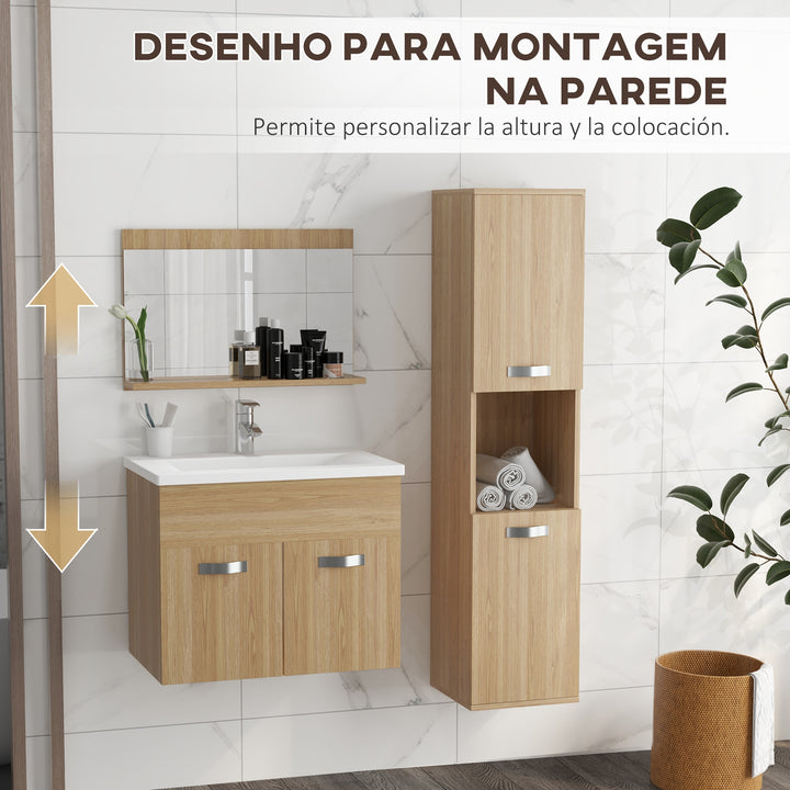 Conjunto de Móveis para Casa de Banho de Parede 3 Peças Inclui Espelho com Prateleira Móvel com Lavatório Cerâmico e Coluna de Casa de Banho Estilo Moderno Madeira