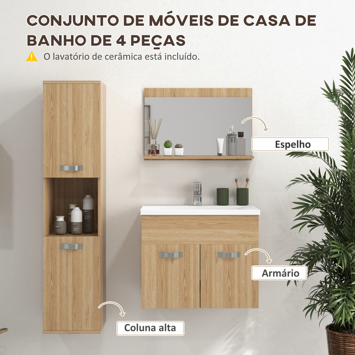 Conjunto de Móveis para Casa de Banho de Parede 3 Peças Inclui Espelho com Prateleira Móvel com Lavatório Cerâmico e Coluna de Casa de Banho Estilo Moderno Madeira