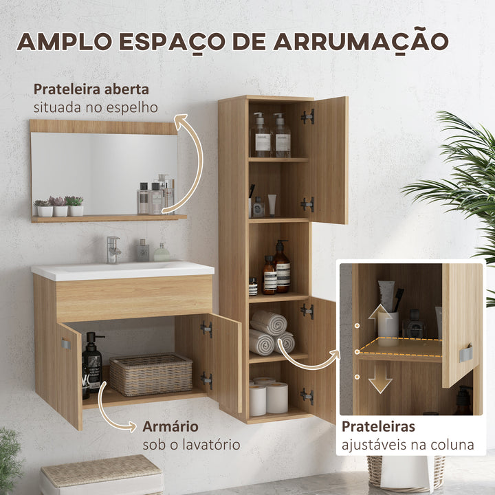Conjunto de Móveis para Casa de Banho de Parede 3 Peças Inclui Espelho com Prateleira Móvel com Lavatório Cerâmico e Coluna de Casa de Banho Estilo Moderno Madeira