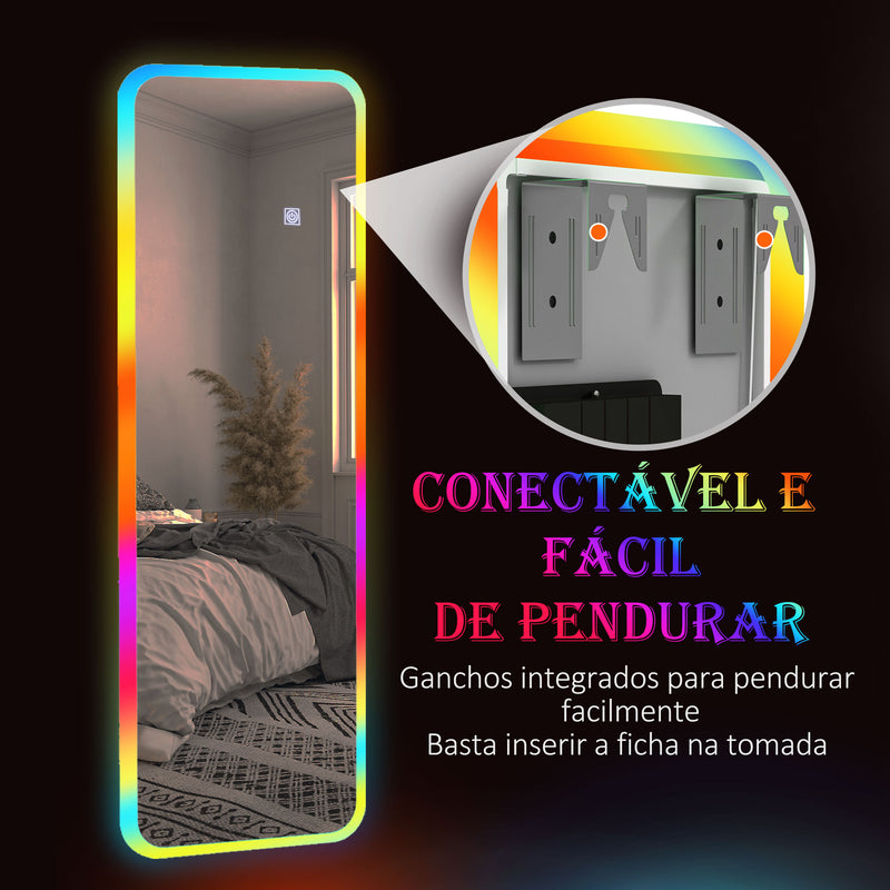 Espelho de Corpo Inteiro com Luzes LED 120x40 cm Espelho de Parede Ajustável com Iluminação em 7 Cores RGB e Função de Memória para Dormitório Prata