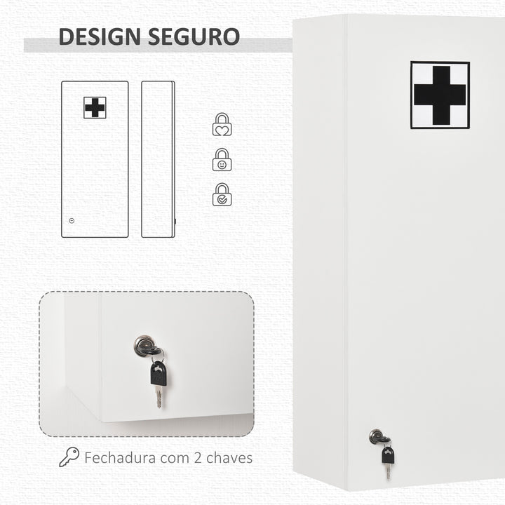 Armário de Medicamentos de Parede de 5 Níveis com Prateleiras Ajustáveis de Vidro Fechadura e 2 Chaves para Casa de Banho Cozinha 30x20x70 cm Branco