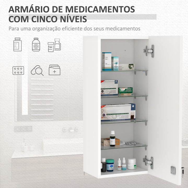 Armário de Medicamentos de Parede de 5 Níveis com Prateleiras Ajustáveis de Vidro Fechadura e 2 Chaves para Casa de Banho Cozinha 30x20x70 cm Branco