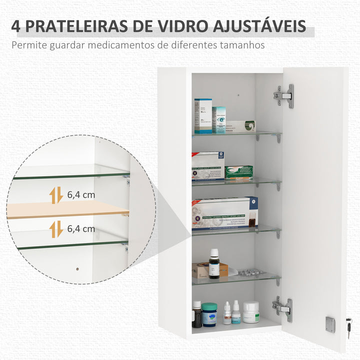 Armário de Medicamentos de Parede de 5 Níveis com Prateleiras Ajustáveis de Vidro Fechadura e 2 Chaves para Casa de Banho Cozinha 30x20x70 cm Branco
