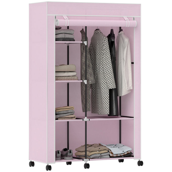 Roupeiro de Tecido Dobrável Armário de Roupa Portátil com 6 Prateleiras 1 Barra de Pendurar e Rodas para Dormitório Vestidor 103x43x162,5 cm Rosa