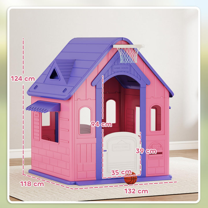 Casinha Infantil para Exterior e Interior 3 em 1 Casinha de Jardim com Lançamento de Aros e Basquetebol Casa de Jogos para Crianças de 2-5 Anos 132x118x124 cm Rosa e Roxo
