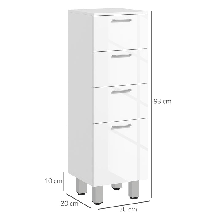 Móvel Auxiliar Casa de Banho Moderno Armário Casa de Banho com 4 Gavetas Móvel de Armazenamento para Casa de Banho Anti-Tombo Carga Máx. 30 kg 30x30x93 cm Branco