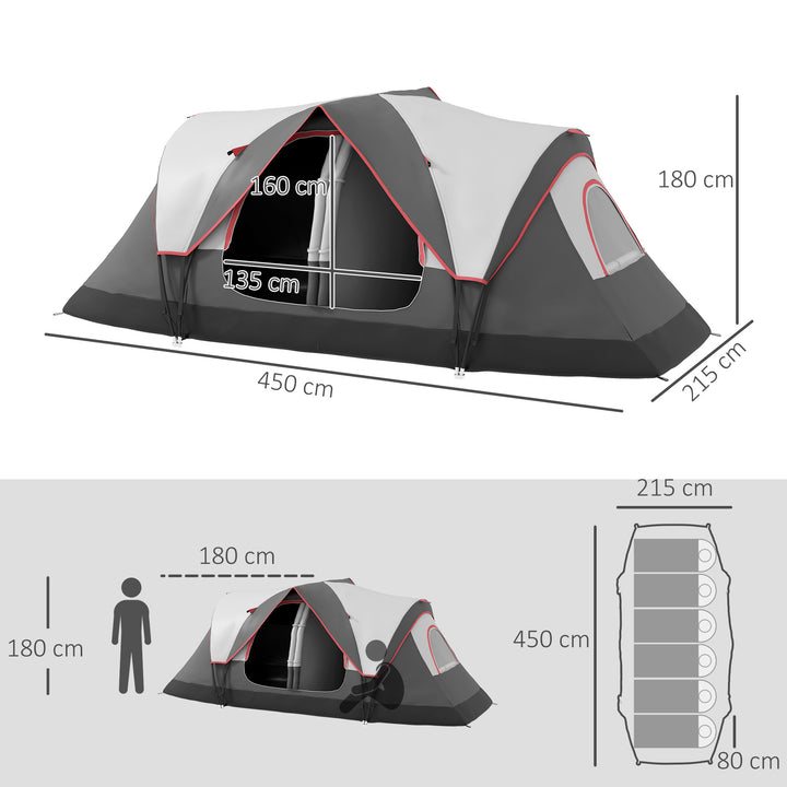 Tenda de Campismo Familiar para 6-8 Pessoas Tenda de Campismo Dobrável com 2 Quartos e Bolsa de Transporte Impermeável para Trekking 450x215x180 cm Cinza