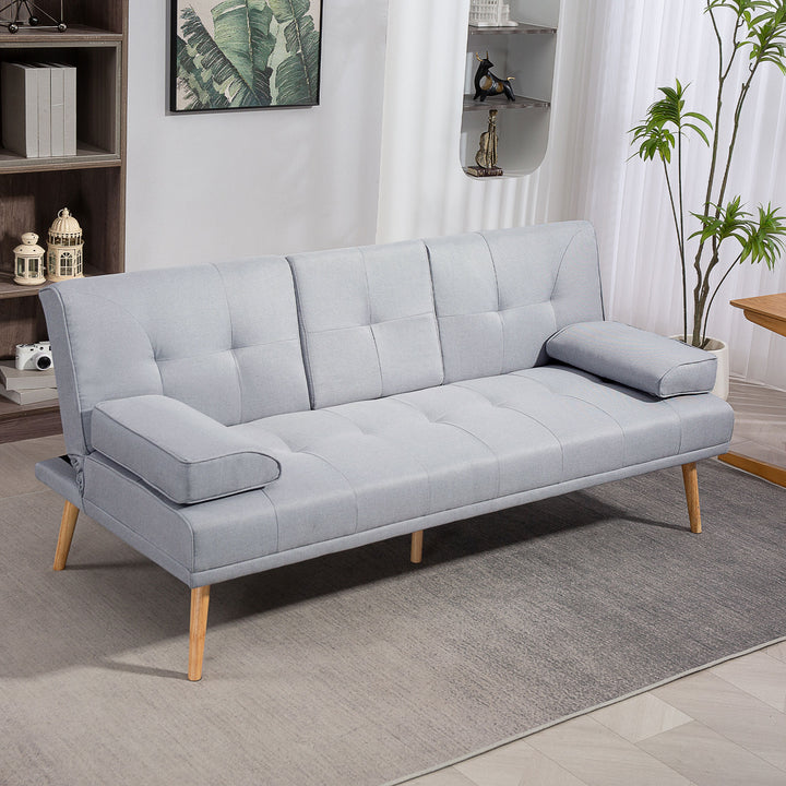 Sofá Cama 3 Lugares Sofá Cama Dobrável com Encosto Ajustável de 3 Níveis Apoio para os Braços Desmontável e 2 Suportes para Copos 181x77x78 cm Cinza Claro