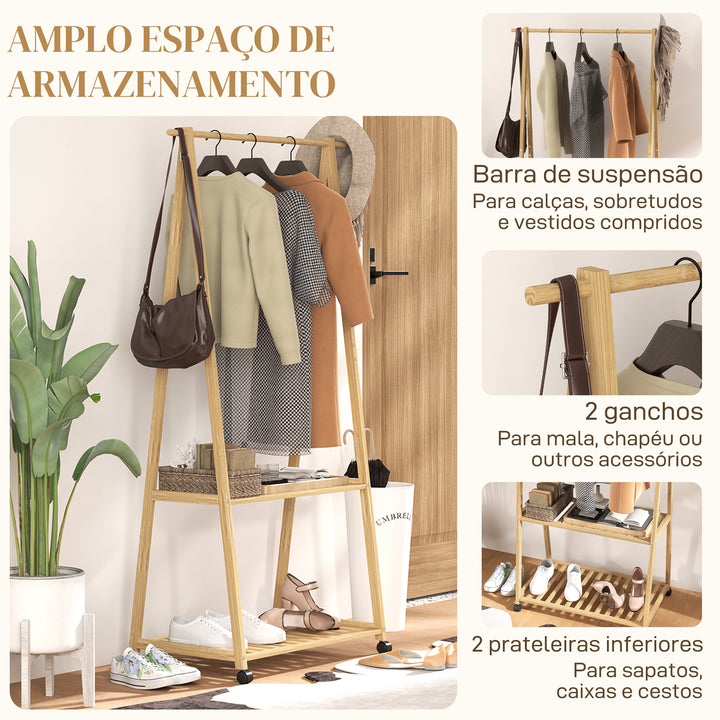 Charriot de Bambu para Roupa Charriot para Roupa com Rodas 2 Prateleiras Abertas e 2 Ganchos para Entrada Corredor Dormitório 84,5x43,5x158 cm Madeira