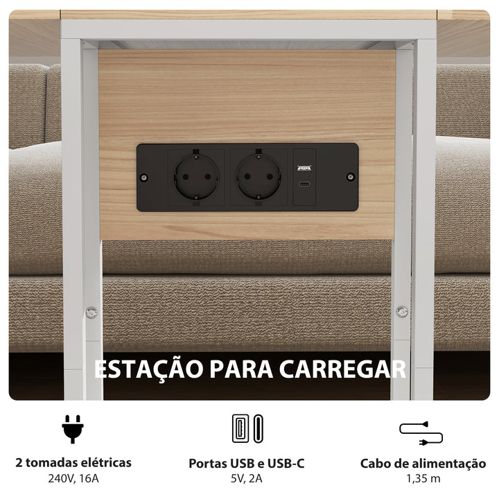 Mesa Auxiliar com Estação de Carga Mesa Auxiliar para Sofá com Tampo Dobrável e Pés Ajustáveis Mesinha Auxiliar para Sala Quarto 39x29x57 cm Branco e Madeira