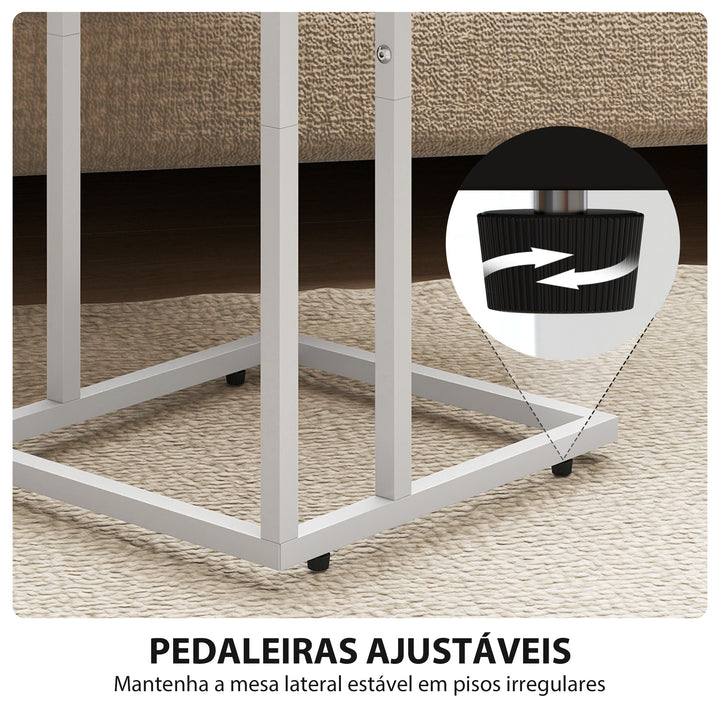 Mesa Auxiliar com Estação de Carga Mesa Auxiliar para Sofá com Tampo Dobrável e Pés Ajustáveis Mesinha Auxiliar para Sala Quarto 39x29x57 cm Branco e Madeira