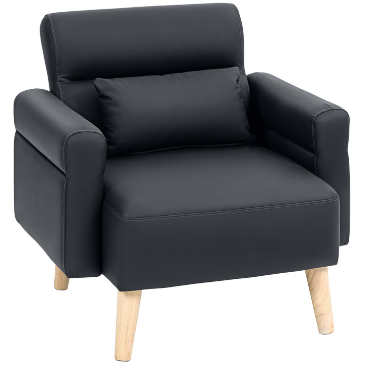 Poltrona Moderna Estofada em Couro Sintético com Apoios de Braço Acolchoados Encosto com Costuras e Pés em Madeira para Dormitório 77x78x78 cm Preto