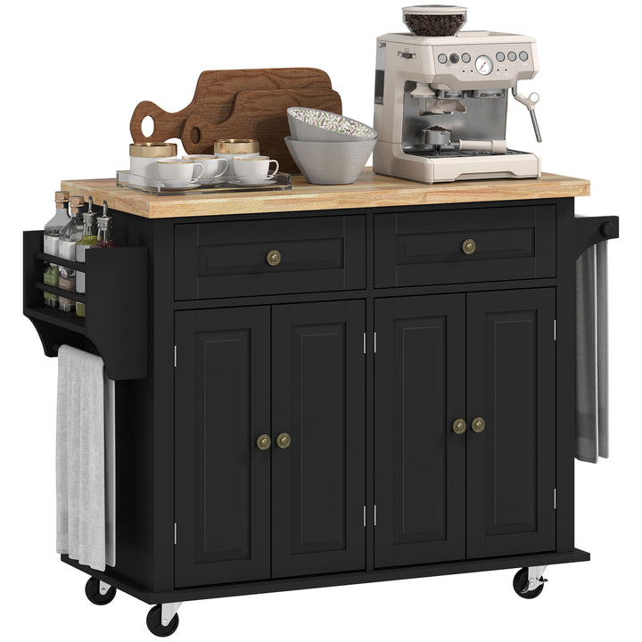 Ilha de Cozinha com Rodas Móvel Auxiliar de Cozinha com 2 Gavetas 4 Portas Suporte para Temperos e Barra Lateral 111x44,5x82,5 cm Preto e Madeira
