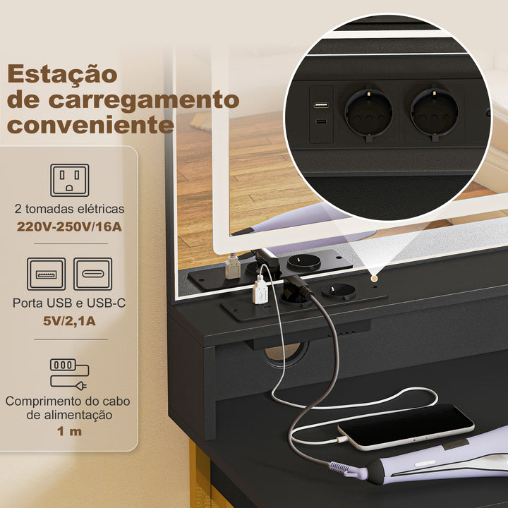 Toucador de Maquilhagem com Espelho e Luzes LED, Estação de Carregamento Toucador com Banco 3 Tons de Luz 4 Gavetas em Tecido Prateleiras para Quarto Preto