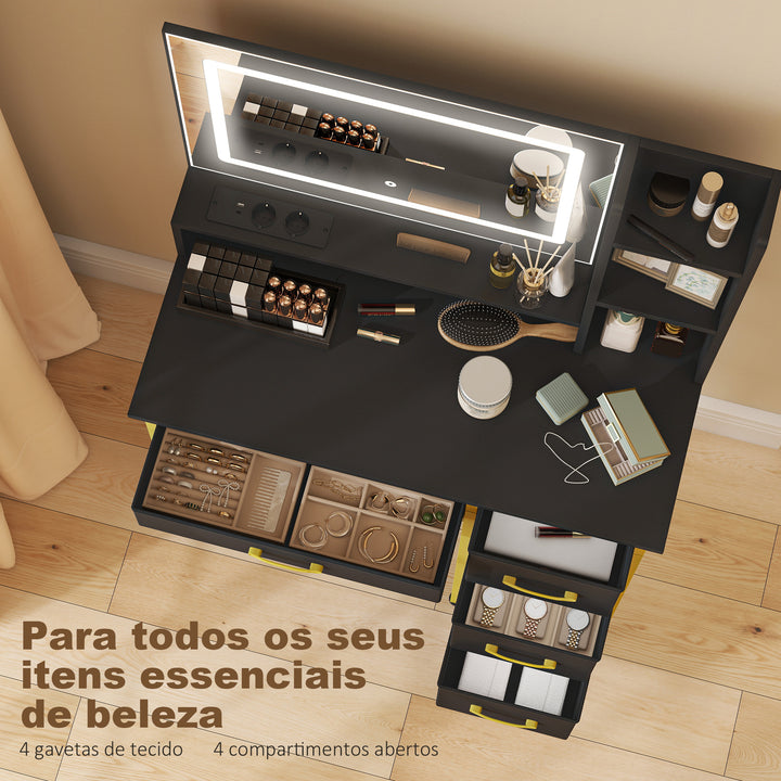 Toucador de Maquilhagem com Espelho e Luzes LED, Estação de Carregamento Toucador com Banco 3 Tons de Luz 4 Gavetas em Tecido Prateleiras para Quarto Preto