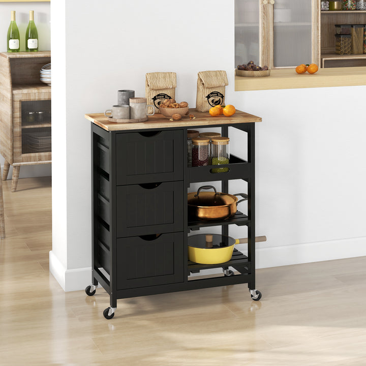 Carrinho de Cozinha com Rodas Carrinho de Serviço Multiuso com 3 Gavetas 2 Prateleiras Abertas e Bandeja para Sala de Jantar Sala de Estar 67x37x85,5 cm Preto