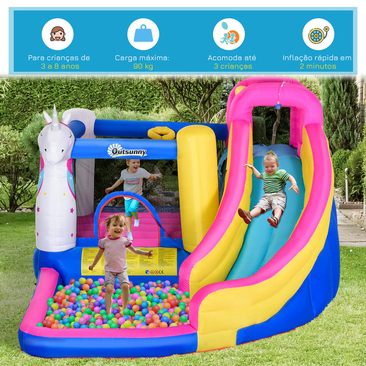 Castelo inflável infantil com piscina escorregador cama de salto e bolsa de transporte 380x320x210 cm Multicolor
