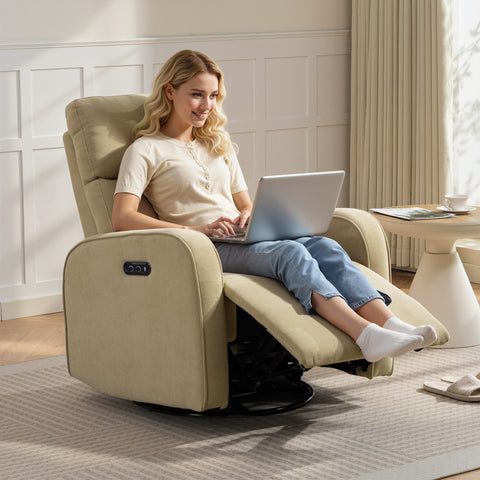 Poltrona Relax Reclinável Elétrica com Motor Duplo, Poltrona de Chenille Giratória e de Balanço com Apoio de Cabeça Ajustável, Portas USB e USB-C, Apoio para os Pés, Botões Iluminados, Bege
