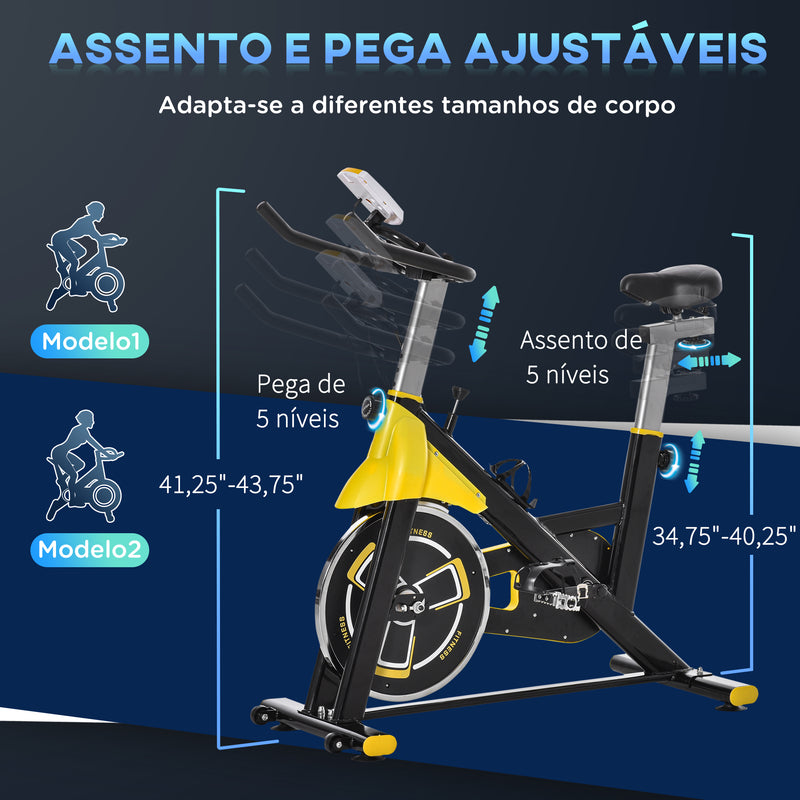 Bicicleta Estática com Resistência Ajustável Bicicleta Fitness com Ecrã LCD Rodas Guiador e Assento Ajustáveis para Casa Ginásio 45,5x100x101-113 cm Amarelo e Preto