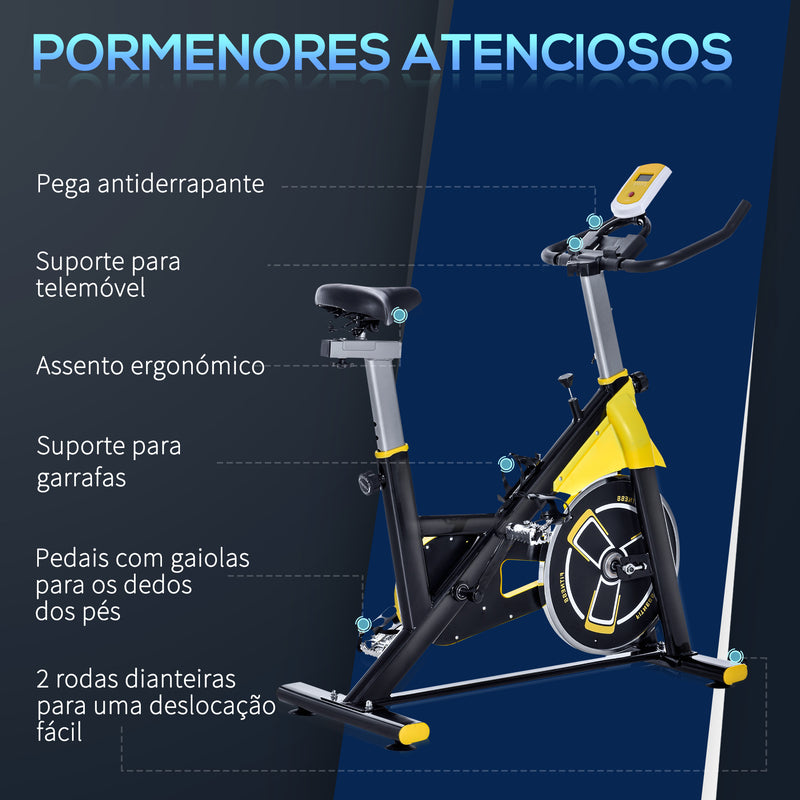 Bicicleta Estática com Resistência Ajustável Bicicleta Fitness com Ecrã LCD Rodas Guiador e Assento Ajustáveis para Casa Ginásio 45,5x100x101-113 cm Amarelo e Preto