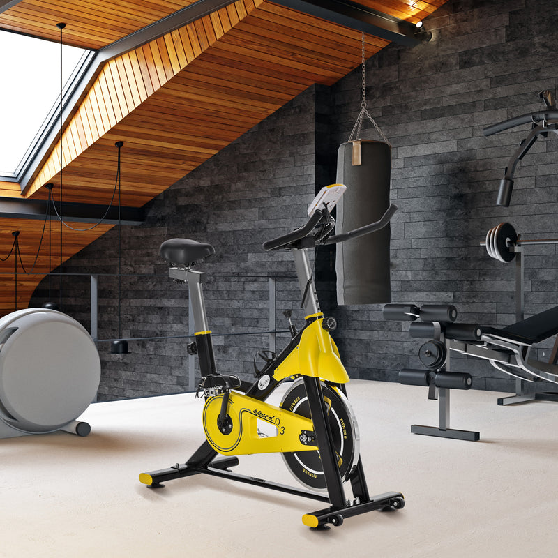 Bicicleta Estática com Resistência Ajustável Bicicleta Fitness com Ecrã LCD Rodas Guiador e Assento Ajustáveis para Casa Ginásio 45,5x100x101-113 cm Amarelo e Preto