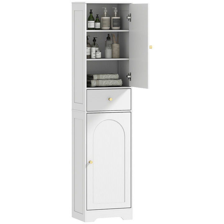 Coluna Casa de Banho com 2 Portas Arqueadas Gaveta e Prateleiras Ajustáveis Armário Alto Estreito de Casa de Banho Estilo Moderno para Sala de Estar Lavabo Cozinha 40x29,5x170 cm Branco com Veios