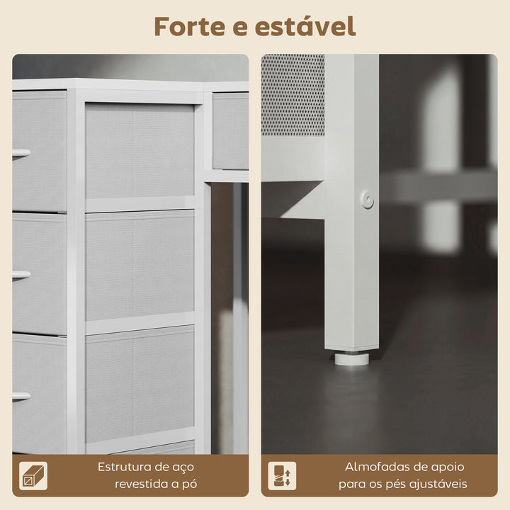 Secretária de Canto Reversível com 6 Gavetas de Tecido 126x48 cm Secretária em L com Tomada de Energia Porta USB e USB-C Mesa em L para Casa ou Escritório Branco
