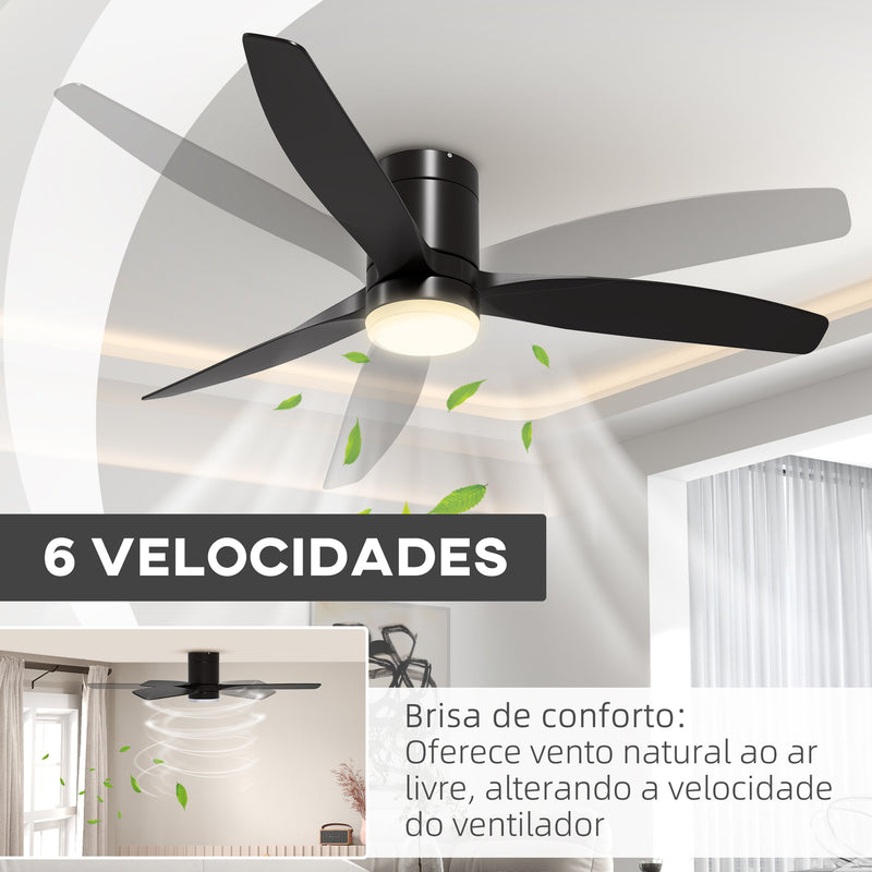 Ventoinha de Teto com Luz 46W Ventoinha de Teto Silencioso Ø132 cm com 3 Lâminas Reversíveis Controlo Remoto 6 Velocidades e Temporizador para Quarto Sala Preto