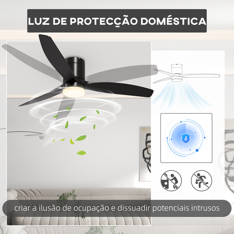 Ventoinha de Teto com Luz 46W Ventoinha de Teto Silencioso Ø132 cm com 3 Lâminas Reversíveis Controlo Remoto 6 Velocidades e Temporizador para Quarto Sala Preto