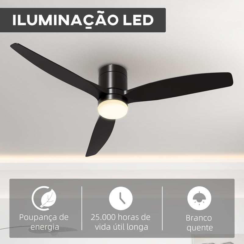 Ventoinha de Teto com Luz 46W Ventoinha de Teto Silencioso Ø132 cm com 3 Lâminas Reversíveis Controlo Remoto 6 Velocidades e Temporizador para Quarto Sala Preto