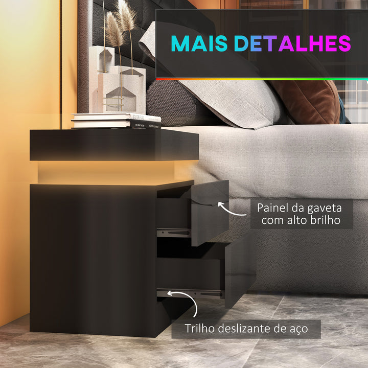 Mesa de Cabeceira com Luz LED Mesa de Cabeceira com Painel de Alto Brilho 2 Gavetas e Controlo Remoto para Sala de Estar Dormitório 45x35x52 cm Preto