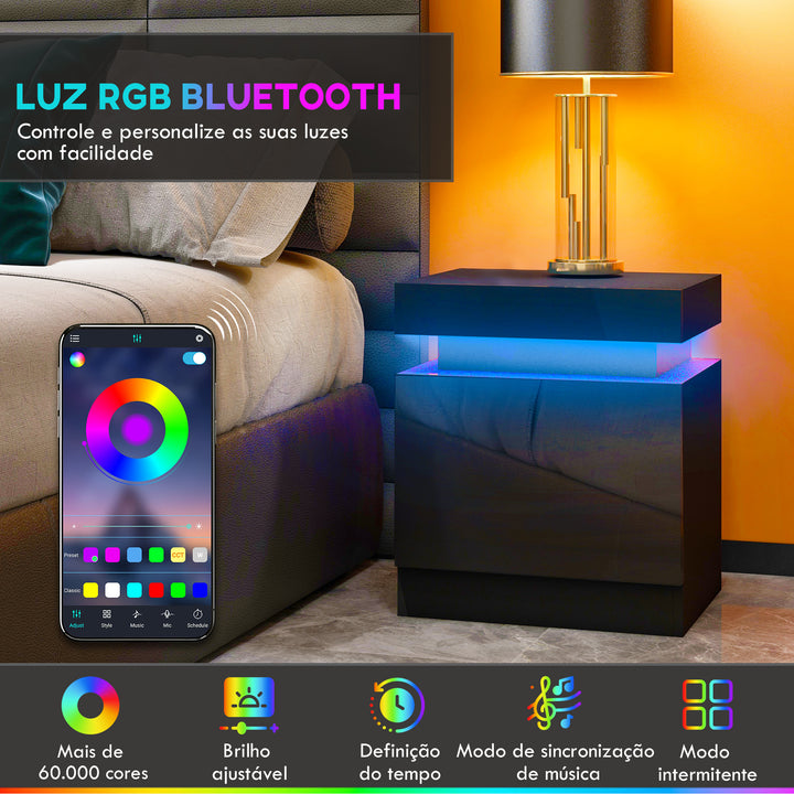 Mesa de Cabeceira com Luz LED Mesa de Cabeceira com Painel de Alto Brilho 2 Gavetas e Controlo Remoto para Sala de Estar Dormitório 45x35x52 cm Preto