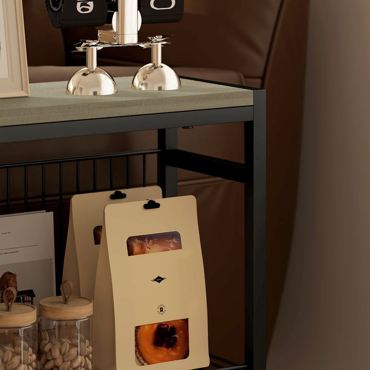 Mesa Auxiliar Estreita de 3 Níveis Mesinha Auxiliar Industrial com Prateleiras Abertas e Estrutura de Aço para Sala de Estar Quarto 43x18x62,5 cm Madeira