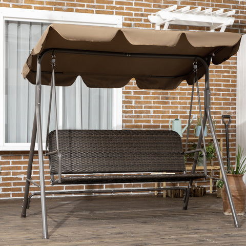 Banco Baloiço de Jardim Baloiço de Exterior com Toldo Ajustável Assento em Vime PE e Apoio para os Braços para Varanda Pátio Carga 240 kg 167x112x153 cm Marrom