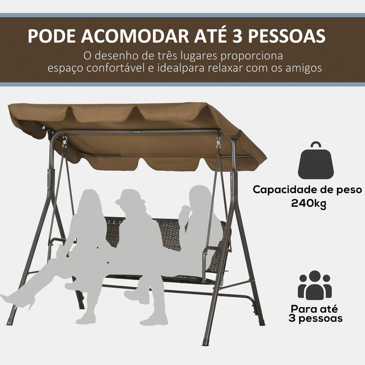 Banco Baloiço de Jardim Baloiço de Exterior com Toldo Ajustável Assento em Vime PE e Apoio para os Braços para Varanda Pátio Carga 240 kg 167x112x153 cm Marrom