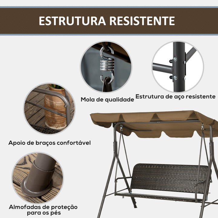 Banco Baloiço de Jardim Baloiço de Exterior com Toldo Ajustável Assento em Vime PE e Apoio para os Braços para Varanda Pátio Carga 240 kg 167x112x153 cm Marrom