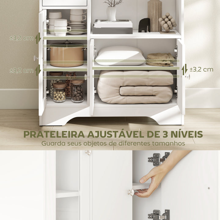 Aparador de Cozinha Moderno com Porta de Vidro Gaveta Prateleira Aberta e Prateleiras Ajustáveis Móvel Auxiliar de Armazenamento para Sala de Jantar Sala de Estar 80x30x82cm Branco