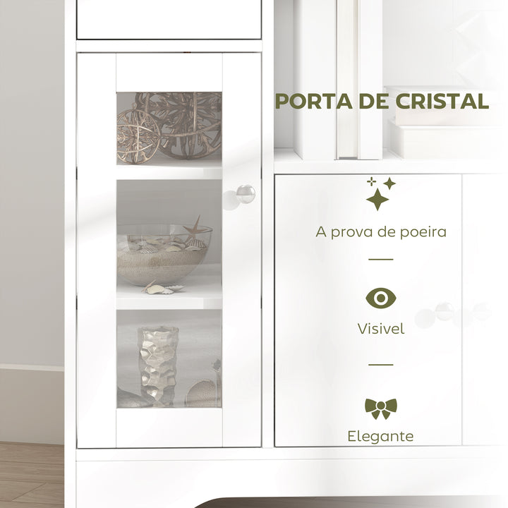 Aparador de Cozinha Moderno com Porta de Vidro Gaveta Prateleira Aberta e Prateleiras Ajustáveis Móvel Auxiliar de Armazenamento para Sala de Jantar Sala de Estar 80x30x82cm Branco