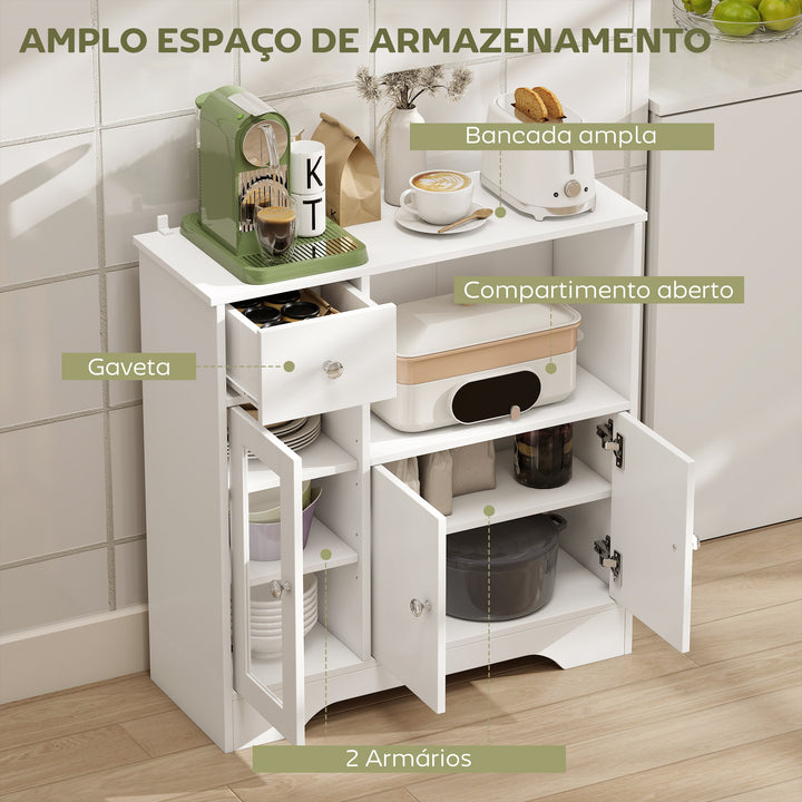 Aparador de Cozinha Moderno com Porta de Vidro Gaveta Prateleira Aberta e Prateleiras Ajustáveis Móvel Auxiliar de Armazenamento para Sala de Jantar Sala de Estar 80x30x82cm Branco