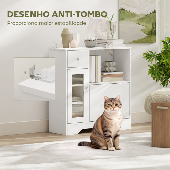 Aparador de Cozinha Moderno com Porta de Vidro Gaveta Prateleira Aberta e Prateleiras Ajustáveis Móvel Auxiliar de Armazenamento para Sala de Jantar Sala de Estar 80x30x82cm Branco