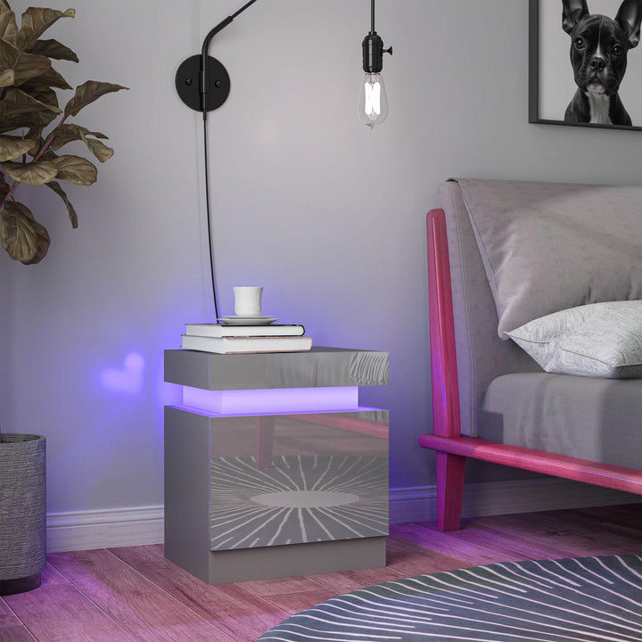 Mesa de Cabeceira com Luz LED Mesa de Cabeceira com Painel de Alto Brilho 2 Gavetas e Controlo Remoto para Sala de Estar Dormitório 45x35x52 cm Cinzento