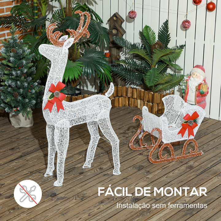 Rena com Trenó Luminoso Decoração de Natal com 170 LED Branco Quente Iluminação Natalícia para Interior Exterior e Jardim 50x29x42 cm Multicor