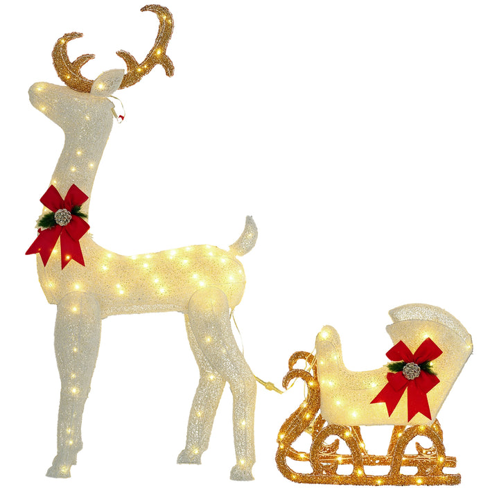 Rena com Trenó Luminoso Decoração de Natal com 170 LED Branco Quente Iluminação Natalícia para Interior Exterior e Jardim 50x29x42 cm Multicor