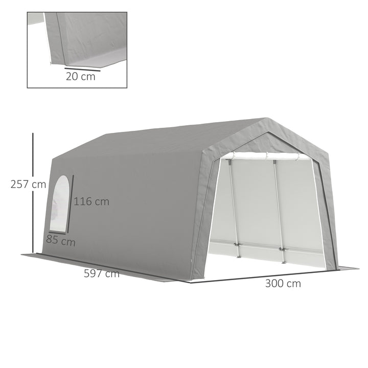 Abrigo de Jardim Exterior 300x597x257 cm Tenda de Armazenamento com Porta Enrolável para Motas Bicicletas e Ferramentas de Jardim Cinzento