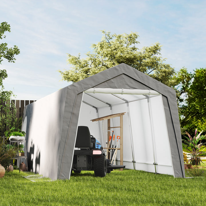 Abrigo de Jardim Exterior 300x597x257 cm Tenda de Armazenamento com Porta Enrolável para Motas Bicicletas e Ferramentas de Jardim Cinzento