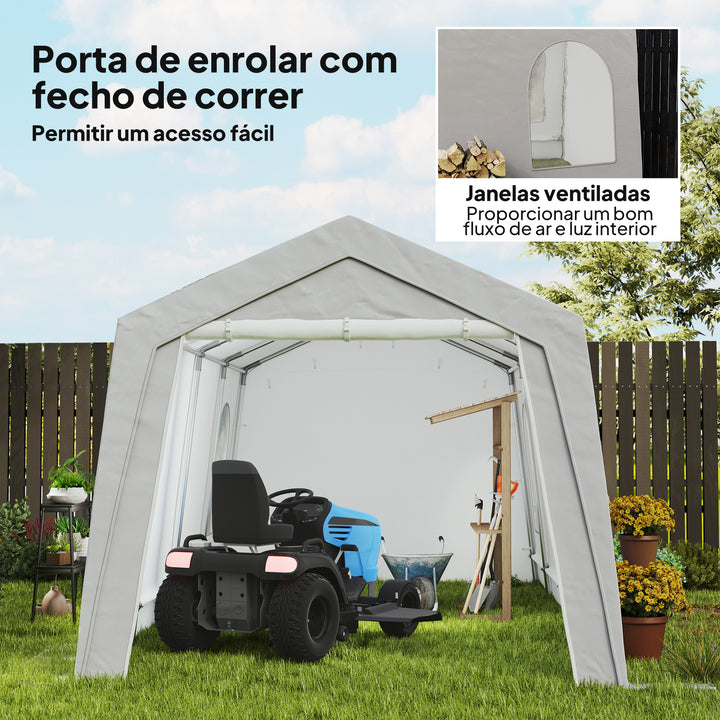 Abrigo de Jardim Exterior 300x597x257 cm Tenda de Armazenamento com Porta Enrolável para Motas Bicicletas e Ferramentas de Jardim Cinzento