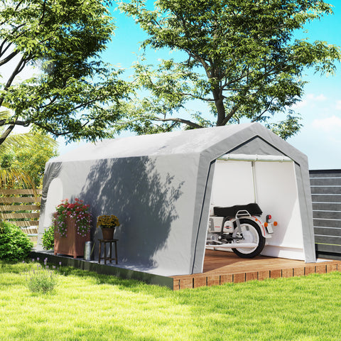 Abrigo de Jardim Exterior 300x597x257 cm Tenda de Armazenamento com Porta Enrolável para Motas Bicicletas e Ferramentas de Jardim Cinzento