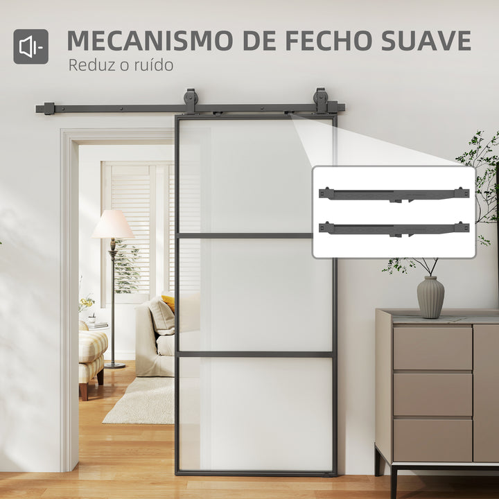 Porta de Correr com Acessórios Porta de Correr de Vidro com Mecanismo de Fecho Suave para Casa de Banho Sala de Estar Cozinha 91,4x203,2 cm Preto