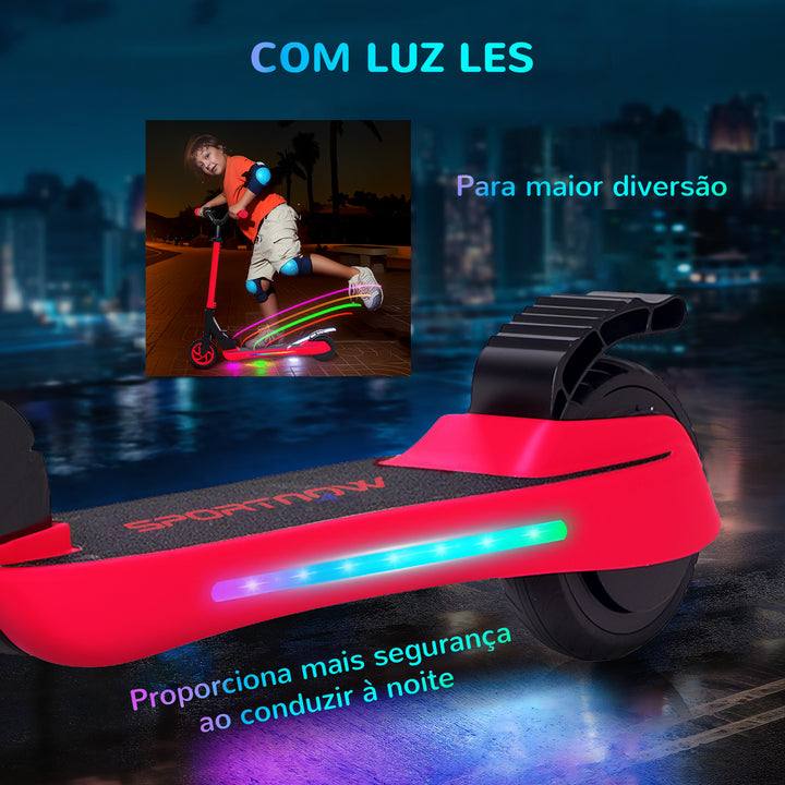 Trotinete Elétrica Dobrável para Crianças acima de 6 Anos Motor 120 W Autonomia 6 km e Máximo 10 km/h com Travão Altura Ajustável Luzes LED e Estrutura de Alumínio 74x52x83-87 cm Vermelho