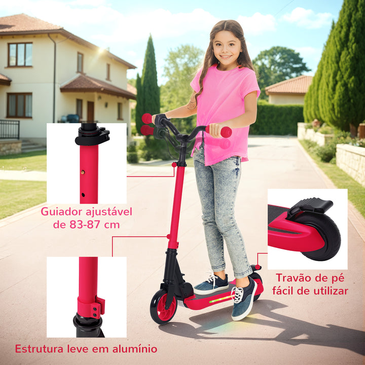 Trotinete Elétrica Dobrável para Crianças acima de 6 Anos Motor 120 W Autonomia 6 km e Máximo 10 km/h com Travão Altura Ajustável Luzes LED e Estrutura de Alumínio 74x52x83-87 cm Vermelho